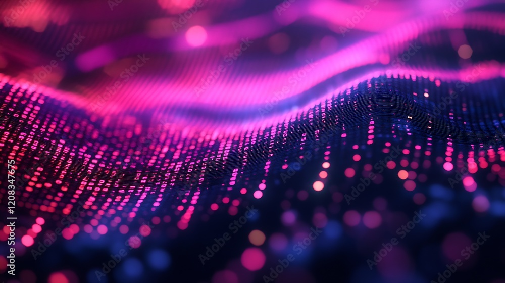 Poster vibrant waves of pink and purple digital dots in abstract light display : generative ai