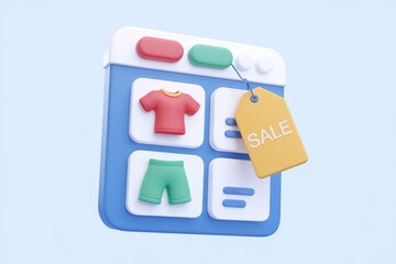 Online clothing sale: Red shirt and green shorts on a sale offer.