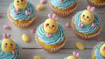 Adorable easter chick cupcakes on rustic table top view for festive baking inspiration