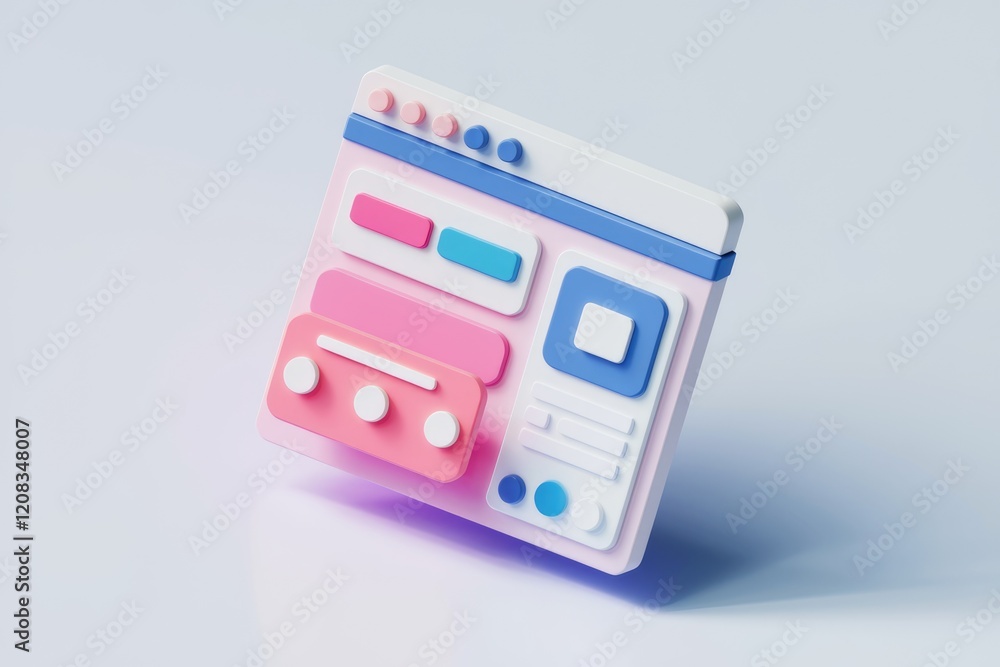 Poster 3D rendering of a website interface with pastel colors and playful design elements.