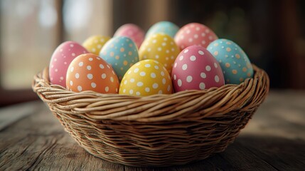 Vibrant easter eggs in a woven basket for festive celebration decor