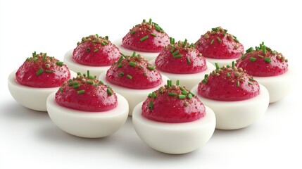 Gourmet deviled eggs with bright beet juice and herb garnish for festive occasions