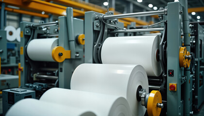 Large industrial machinery processes wood pulp into paper rolls inside modern paper mill. Advanced equipment transforms raw cellulose into finished products. Image shows efficient production process.