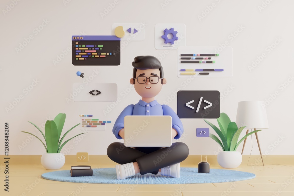 Poster A 3D cartoon programmer sits cross-legged, working on a laptop surrounded by coding symbols.