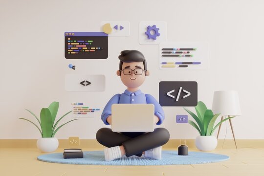 A 3D cartoon programmer sits cross-legged, working on a laptop surrounded by coding symbols.