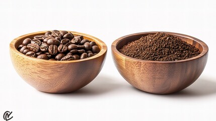 Detailed View of Roasted Coffee Beans and Ground Coffee in Bowls