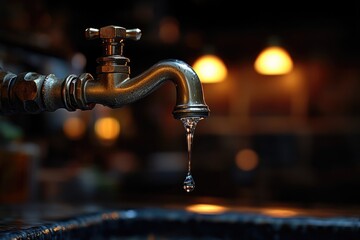 Close-up shot of a faucet with water dripping from the spout, ideal for use in interior design, home decor or plumbing-related contexts