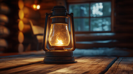Antique oil lantern with warm glow on rustic wooden table in log cabin, close-up view