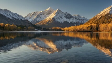 snow-capped mountains illuminated by dawn and a lake reflecting the peaks and clear skies above