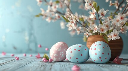 Fototapeta premium Spring easter celebration with floral arrangement and decorative eggs on wooden table