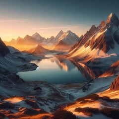 Obraz premium snow-capped mountains illuminated by dawn and a lake reflecting the peaks and clear skies above