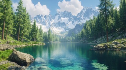 Serenity of a mountain lake surrounded by pine forest and snow-capped peaks