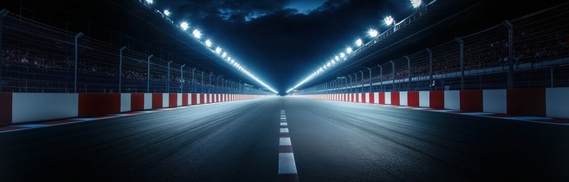 Nighttime view of an empty racetrack illuminated by bright, evenly spaced floodlights that cast a stark white glow over the asphalt. - Powered by Adobe