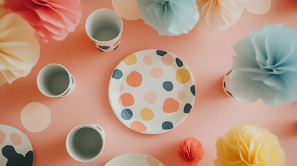 Pastel-colored party supplies on a pink background.  The scene includes plates, cups, and paper pom-poms, all with a playful polka dot design. Perfect for a birthday or celebration.