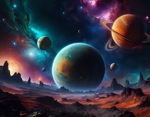 Cosmic Landscape: Vibrant Planets and Nebulas in a Surreal Scene