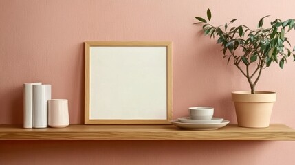 Mockup of an empty horizontal poster in a wooden frame displayed on a shelf with a plant and ceramics against a soft pink wall