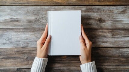Female hands holding blank book on wooden surface with warm lighting