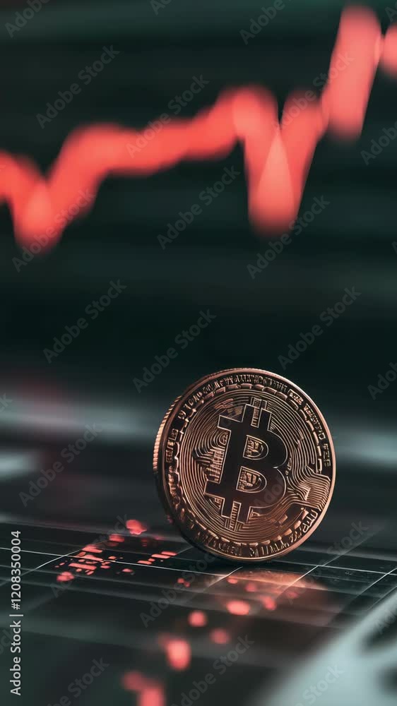 Poster bitcoin cryptocurrency coin standing on a financial chart on a screen showing a decrease in red, rep