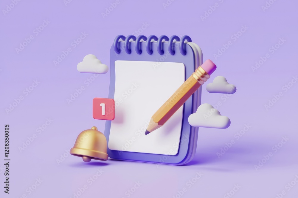 Aufkleber a 3d rendering of a notepad with a pencil, notification bell, and clouds, signifying a new note or r