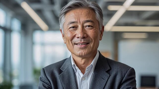 A confident old man smiling and crossing his arms in a professional office environment.Success and institutionalization. 07-1.