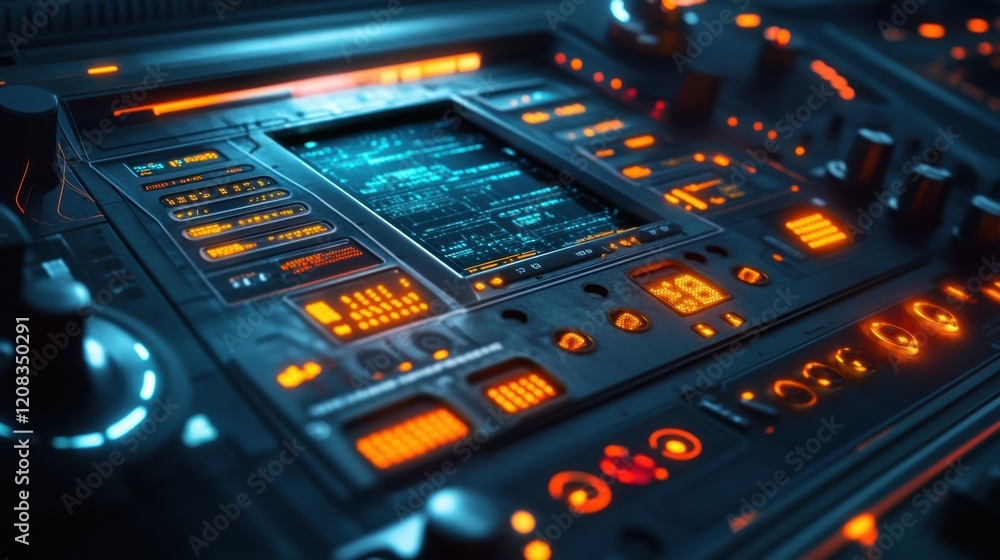 Poster complex data and information are displayed on a futuristic control panel with glowing buttons, dials