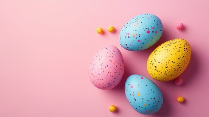 Fototapeta premium Vibrant handmade easter eggs on pink background - perfect for spring celebrations and decorations