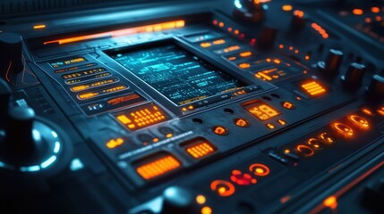 Complex data and information are displayed on a futuristic control panel with glowing buttons, dials, and screens, suggesting advanced technology and control systems