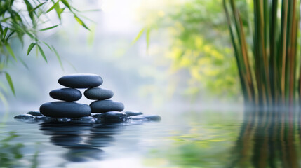 Fototapeta premium Tranquil Zen Garden with Smooth Black Stones Stacked on Calm Water Surface Surrounded by Lush Green Plants and Soft Mist for Relaxation and Meditation