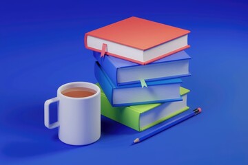 A stack of colorful books rests beside a mug of tea, suggesting a cozy reading experience.