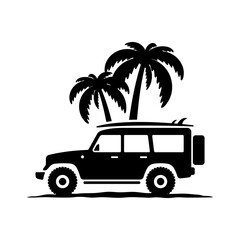 Off-road car with surfboard and palm tree icon. Suv. Black silhouette. Side view. Vector simple flat graphic illustration. Isolated object on white background. Isolate. © far700