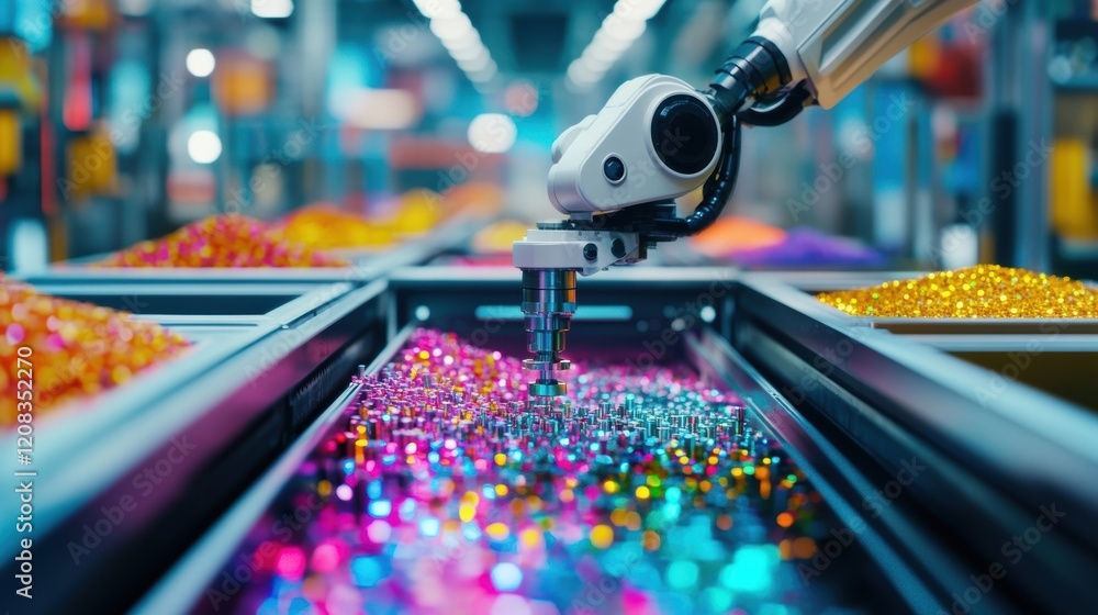 Poster modern robotic arm processing colorful electronic components on a conveyor belt in a technologically