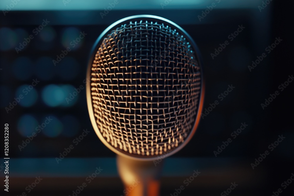 Poster a close-up shot of a microphone with a blurred background, suitable for use in audio-related concept