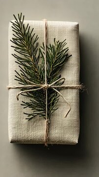 Elegant gift wrapping with natural fir sprig and twine on neutral background