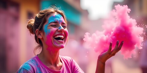 Woman is holding a pink cloud of smoke and smiling. Concept of joy and celebration, as the woman is participating in a colorful event or festival. The pink smoke adds a whimsical