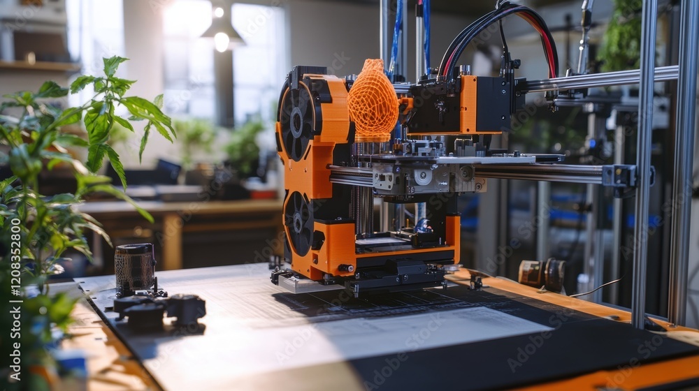 Poster modern 3d printer creating a plastic prototype of a human head in a high tech laboratory with plants