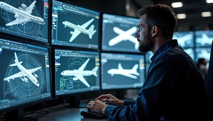Engineer reviews complex aircraft designs on multiple high-resolution screens. Modern workspace dedication to precision in aircraft engineering. Pro setting focused on analysis, design. Tech-driven