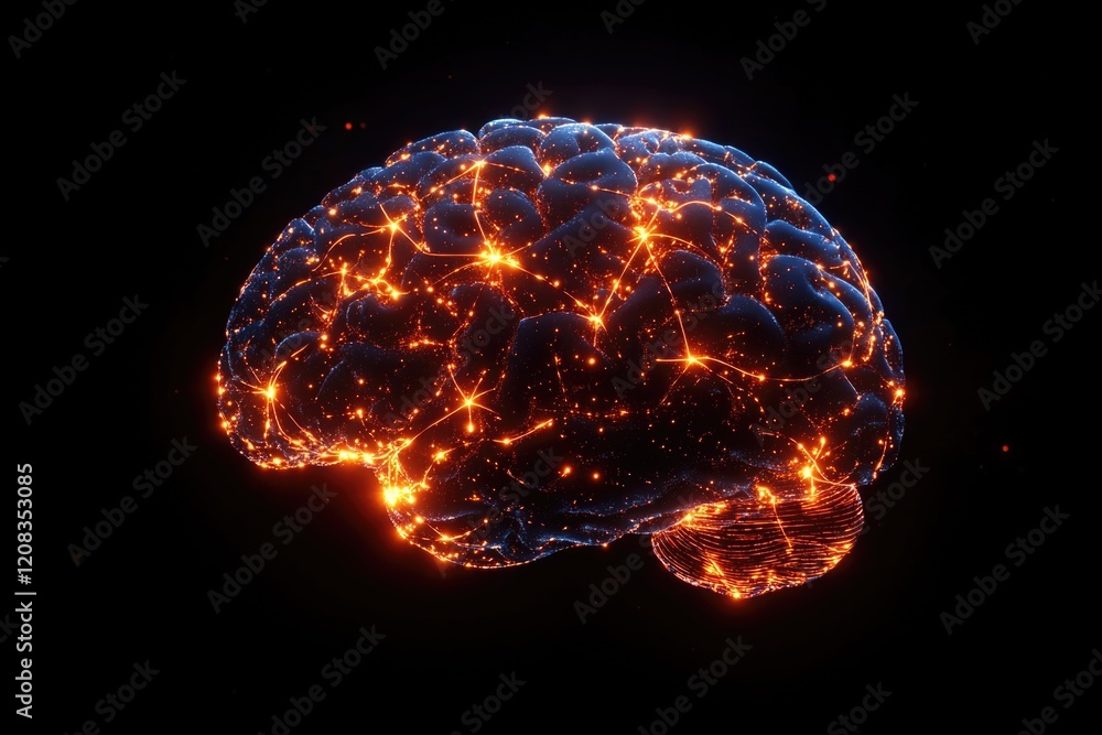 Poster computer-generated image of a glowing brain, suitable for futuristic and technology-related concepts
