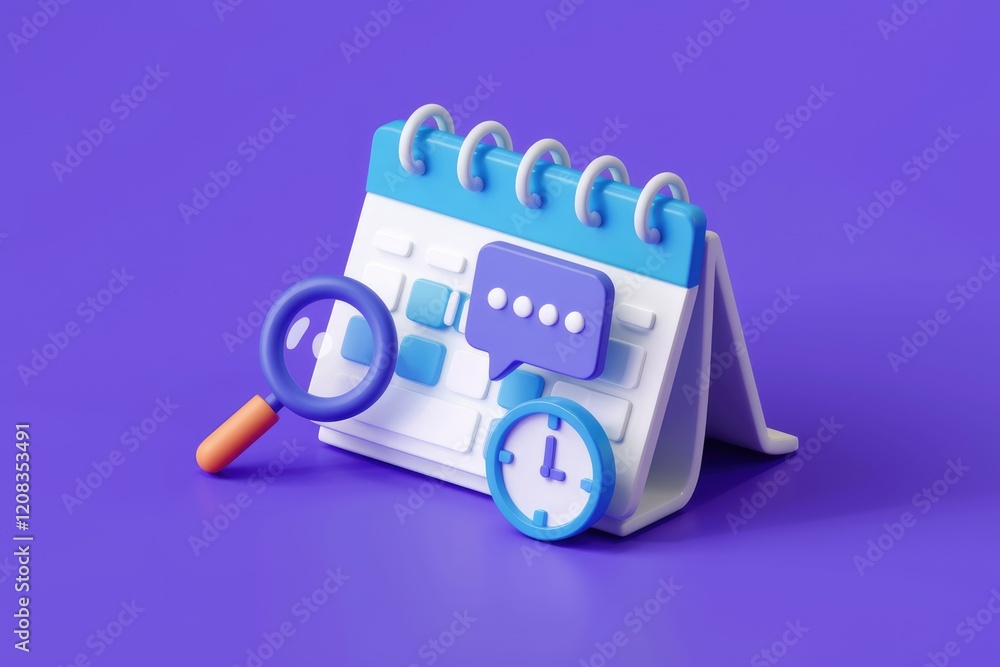 Poster 3d render of a calendar with a magnifying glass, clock, and chat bubble, symbolizing scheduling and 