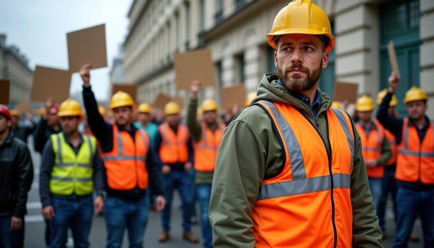 Construction workers protest outside workplace. Group stands on street with signs. Wear safety vests, hard hats. Likely demanding better wages working conditions. City street location evident.