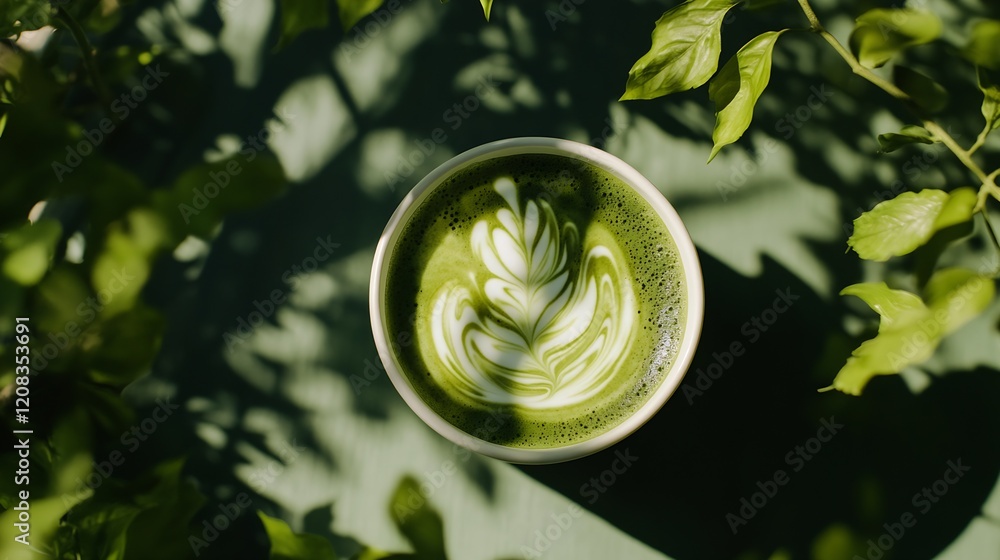 Poster Organic Matcha Latte with Artistic Leaf Design Surrounded by Lush Greenery : Generative AI