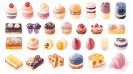 Watercolor Bakery and Pastry Food Elements Set for Transparent Background Usage