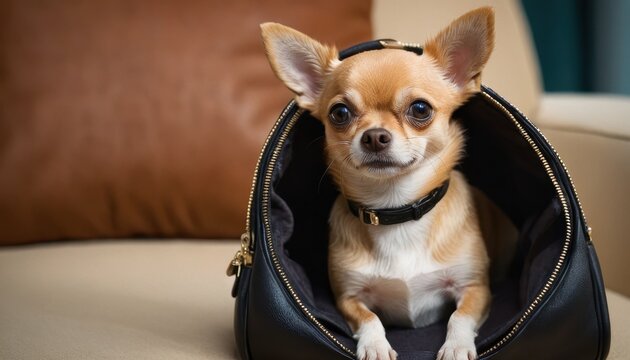 Adorable Chihuahua sitting comfortably in a fashionable bag, ready for a stylish outing. Captures the charm of pet companionship and elegant accessories