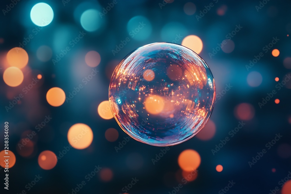 Poster Floating Bubble with Illuminated Bokeh Background in Urban Setting : Generative AI