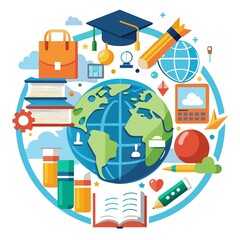 A colorful drawing of a globe with various items around it, including a book