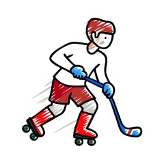 Obraz premium A cartoonish drawing of a boy on roller skates with a hockey stick
