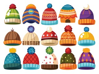 A collection of colorful hats with pom poms on top