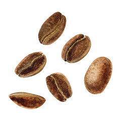 Watercolor set of isolated roasted coffee beans of different shapes and positions