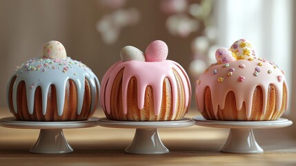 Easter bundt cakes with colorful icing and decorative easter eggs for holiday celebrations