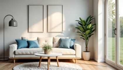 Bright living room interior with light beige sofa, teal cushions. Natural light fills space through large window. Tall plant adds touch of plants to corner. Minimalist design. Warm tones. Stylish