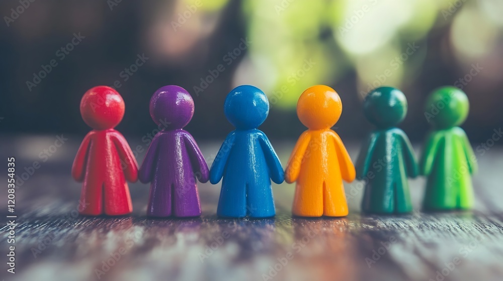 Poster colorful wooden figures representing unity and diversity in a row : generative ai